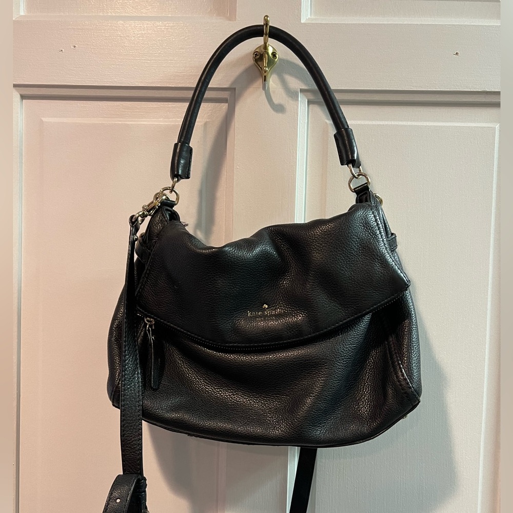 Kate Spade pebbles leather slouchy fold-over shoulder bag with strap.